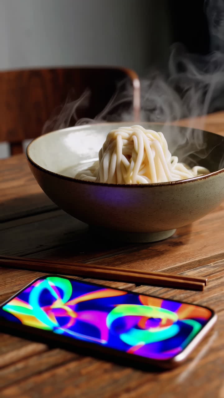 Noodles in una ciotola con bacchette e un telefono