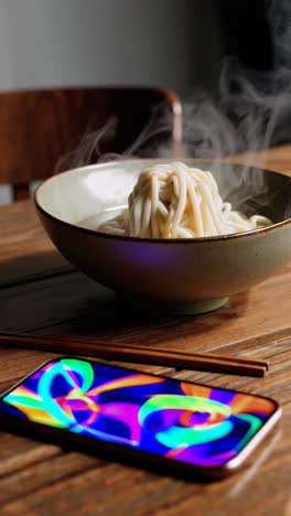 noodles in a bowl with chopsticks and a phone