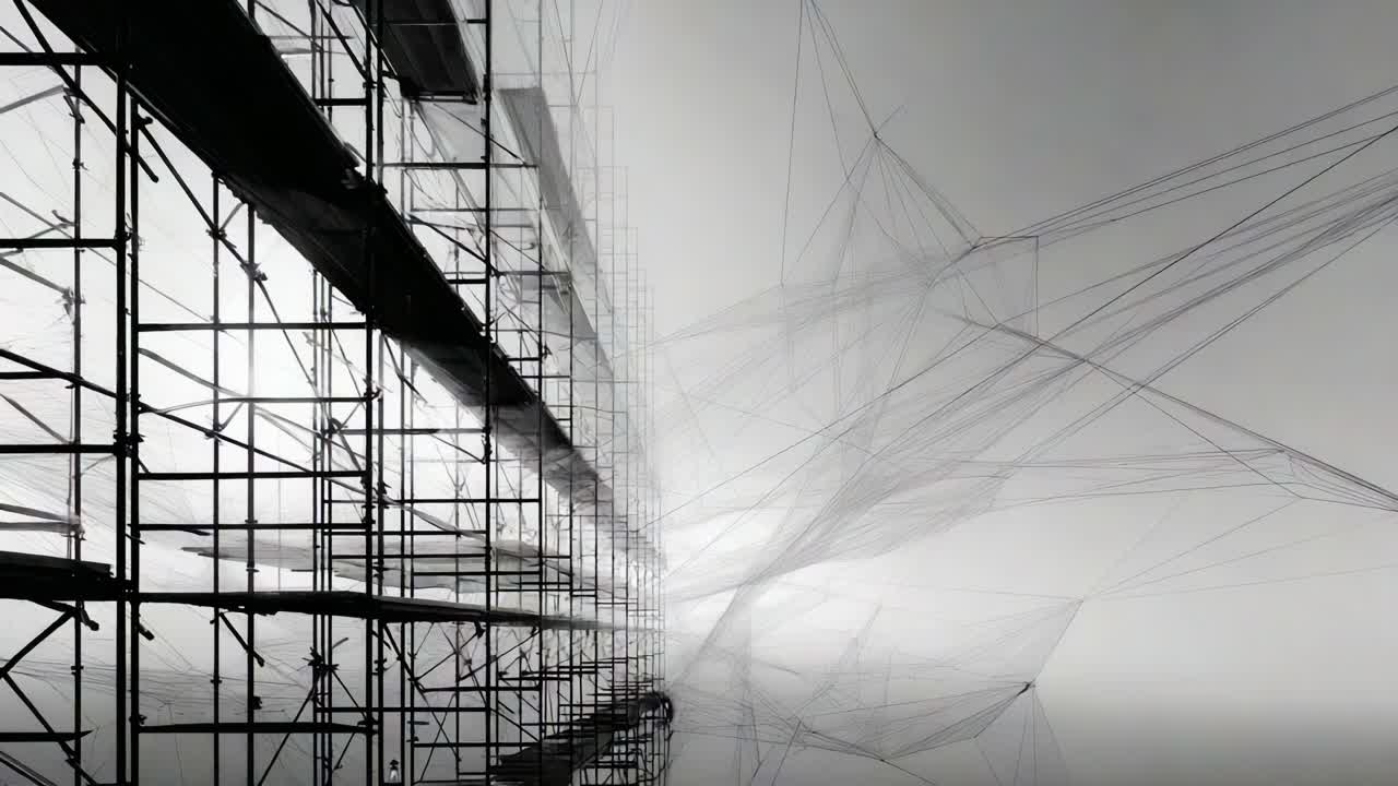 A Captivating Visual Journey of Structural Transformation: The Contrast Between Scaffolding and Ethereal Threads in a Minimalist Landscape