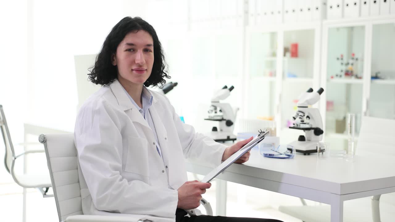 Scientist in a laboratory with microscopes and equipment