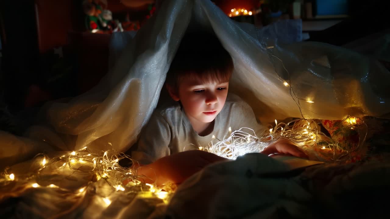 A Cozy Atmosphere of Wonder: A Child Enveloped in Fairy Lights and a Blanket, Discovering Magic in the Glow of a Screen Underneath the Covers