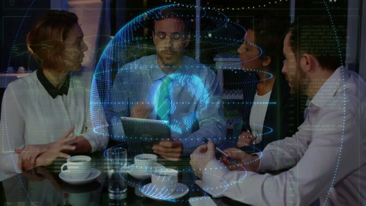 Business team discussing with digital globe and data animation overlaying scene