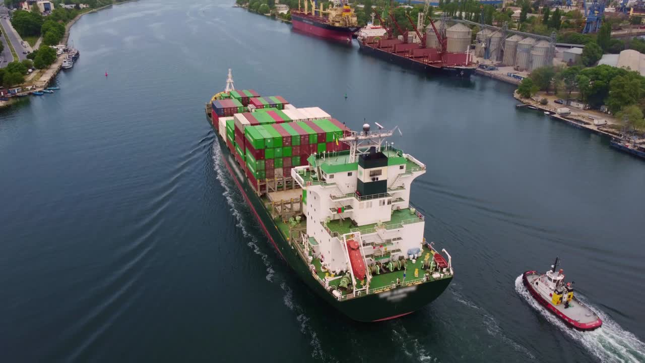 Aerial top view container ship, shipping or transportation concept background.
