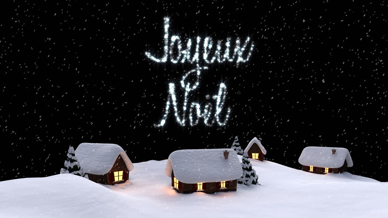 animación de la nieve cayendo sobre el texto de joyeux noel sobre el paisaje de invierno