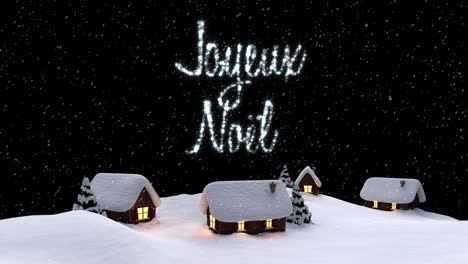 Animation-of-snow-falling-over-joyeux-noel-text-over-winter-scenery