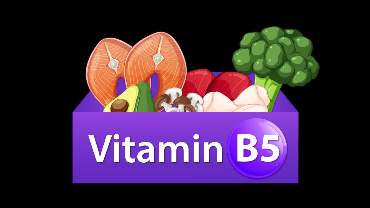 Animated box reveals Vitamin B5 label, filling with salmon, broccoli, mushrooms, and colorful produce