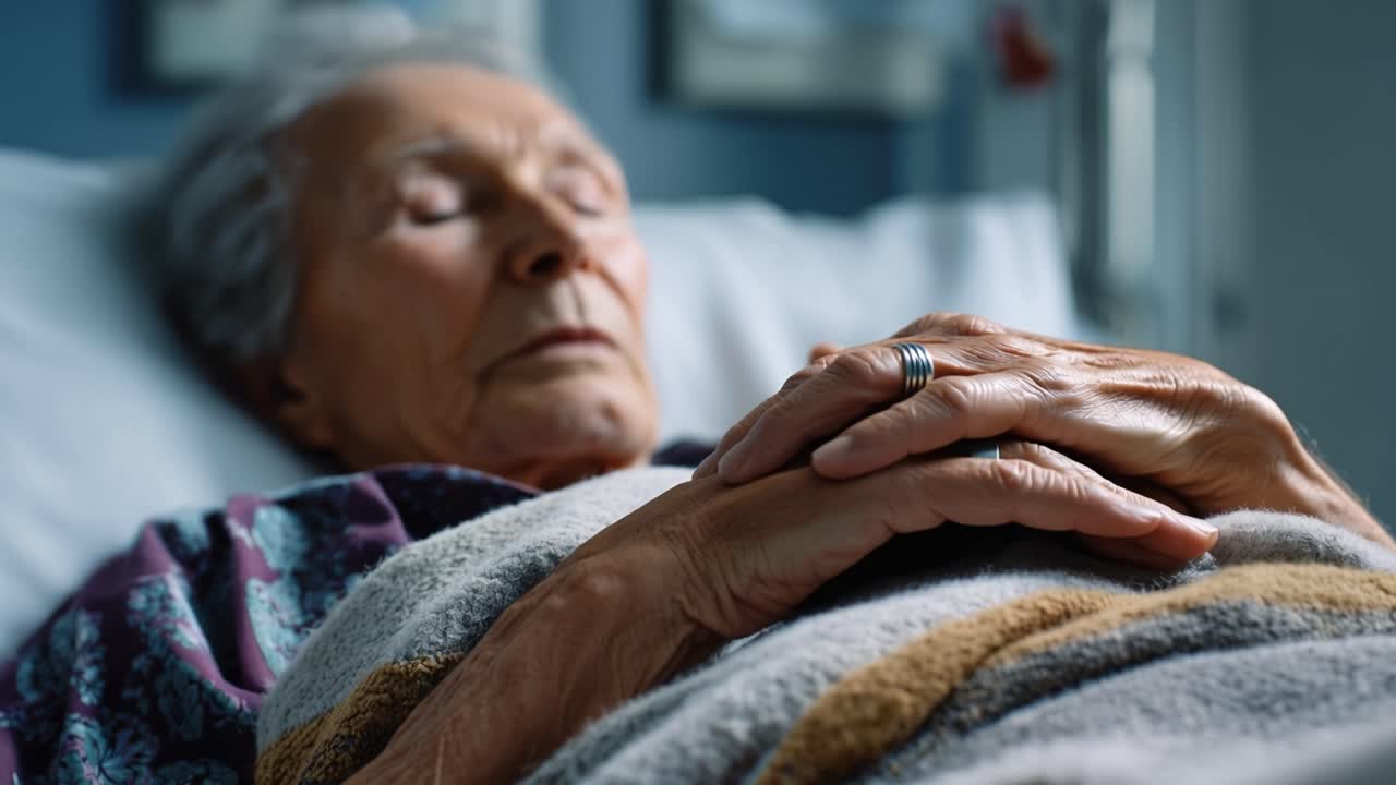 Una donna anziana riposa serenamente a letto. I suoi occhi si chiudono dolcemente, il volto calmo e sereno. Le mani sono delicatamente incrociate sul petto. Una mano indossa un semplice anello. Una coperta calda le copre braccia e spalle.
