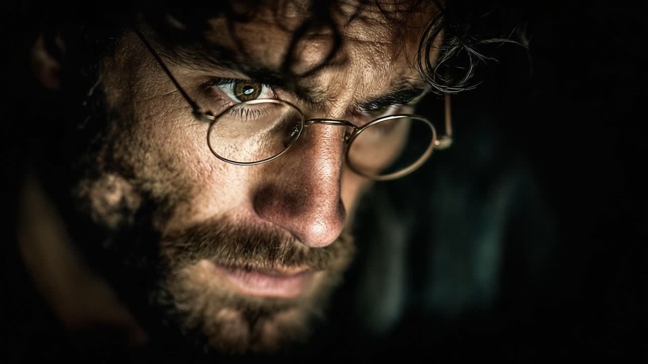 Intense Close-Up of a Thoughtful Individual with Distinctive Glasses and Curly Hair in Low Lighting, Capturing a Moment of Reflection or Concentration