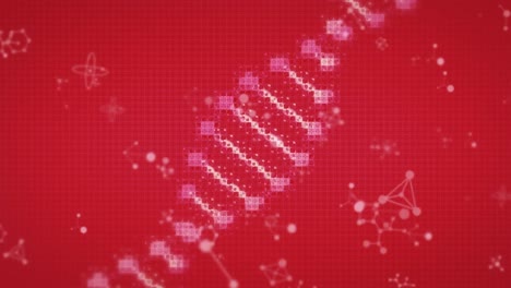 Animation-of-molecular-structures-floating-over-spinning-against-red-background