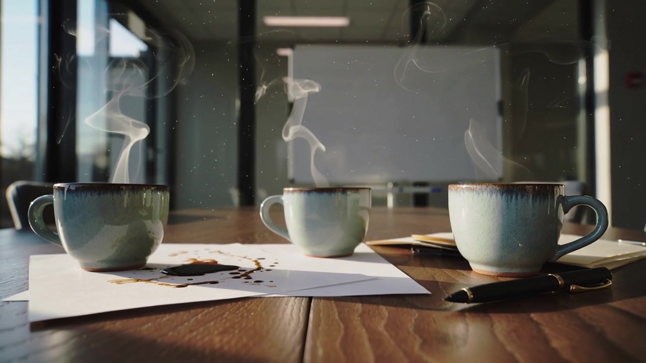 A luz do sol revelando três canecas de cerâmica azuis emitindo vapor em uma mesa de reunião, com uma mancha de café esfriando.