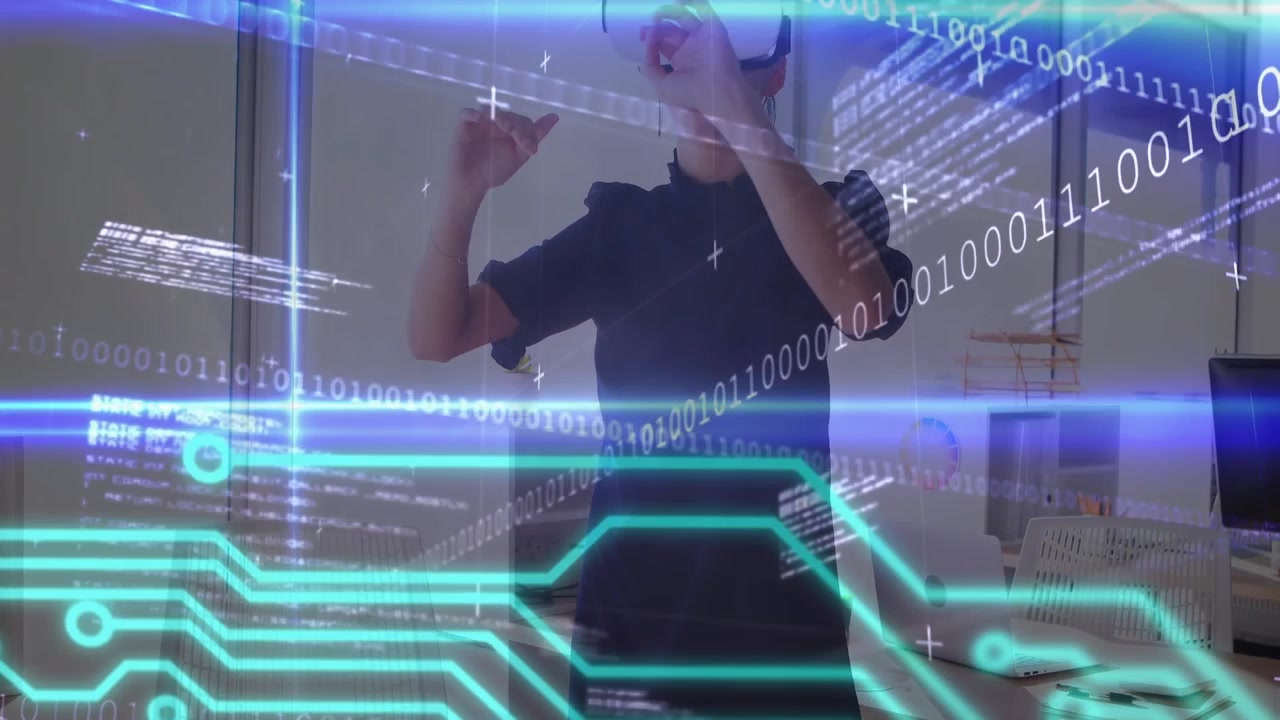 Animation of data processing over woman using laptop