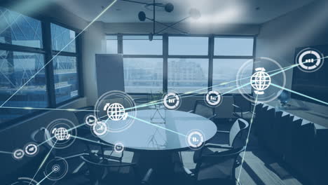 animation of network of connections with icons over office interior