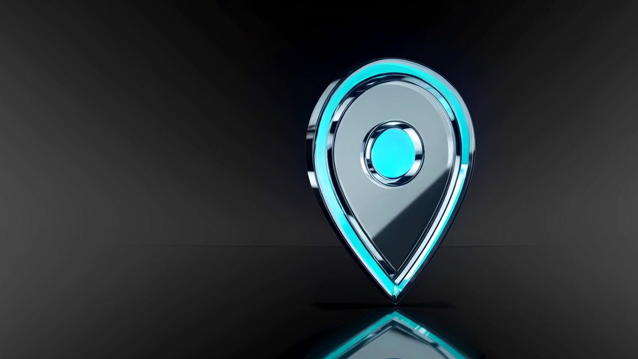 3D Metallic Location Pin Icon Rotating on Dark Background