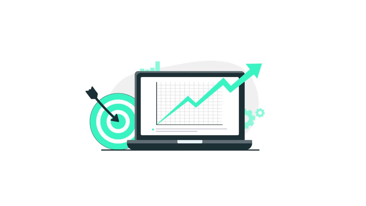 Animated Illustration of Business Growth and Target Achievement on Laptop
