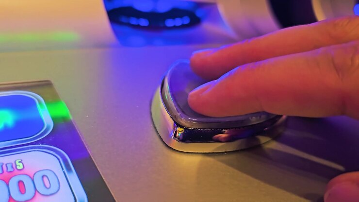 Close-up of a hand pushing the chrome play button on a casino slot machine, with glowing wager controls, colorful reflections, and vivid neon lighting during active gambling gameplay.