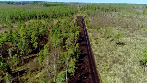 Aerial drone view over a trench created for channeling water through a forest