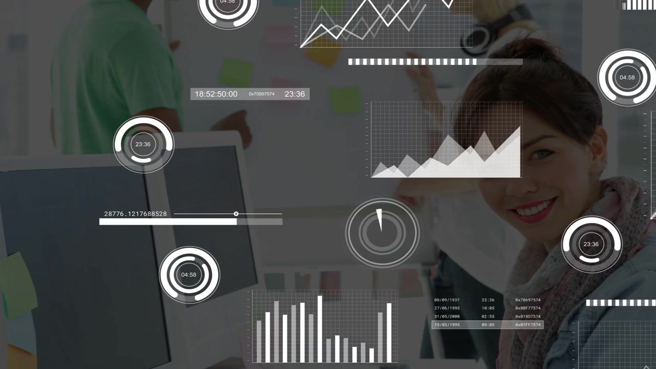 Seated woman typing on keys and starting HUD overlays with charts and timers for business planning