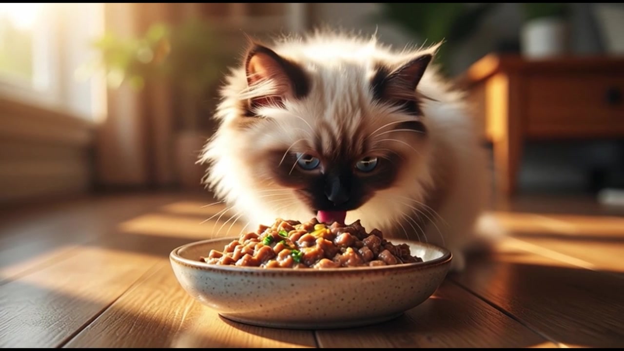 Flauschige Ragdoll Katze frisst Nassfutter aus einer Schale
