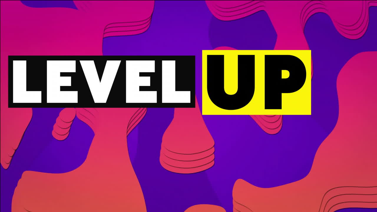 Level up text animation over colorful abstract shapes on purple background