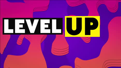 level up text animation over colorful abstract shapes on purple background