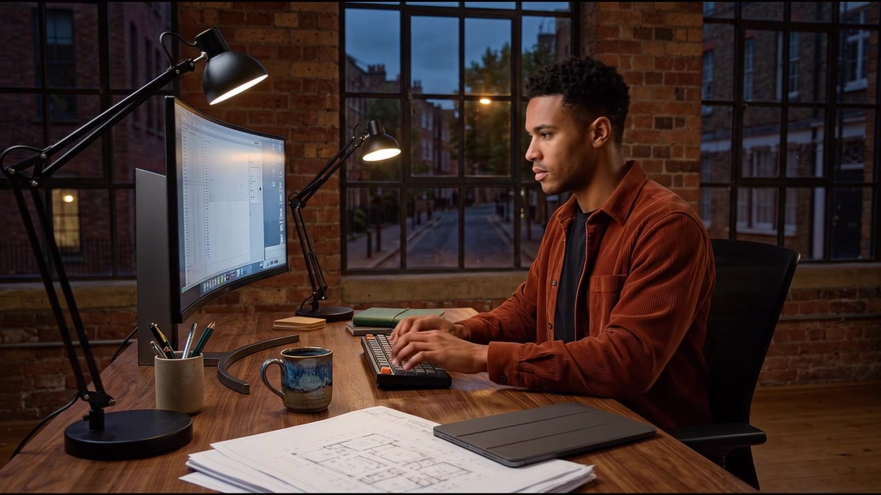 Fagperson arbejder på stationær computer på et organiseret kontor med fokuseret produktivitet.