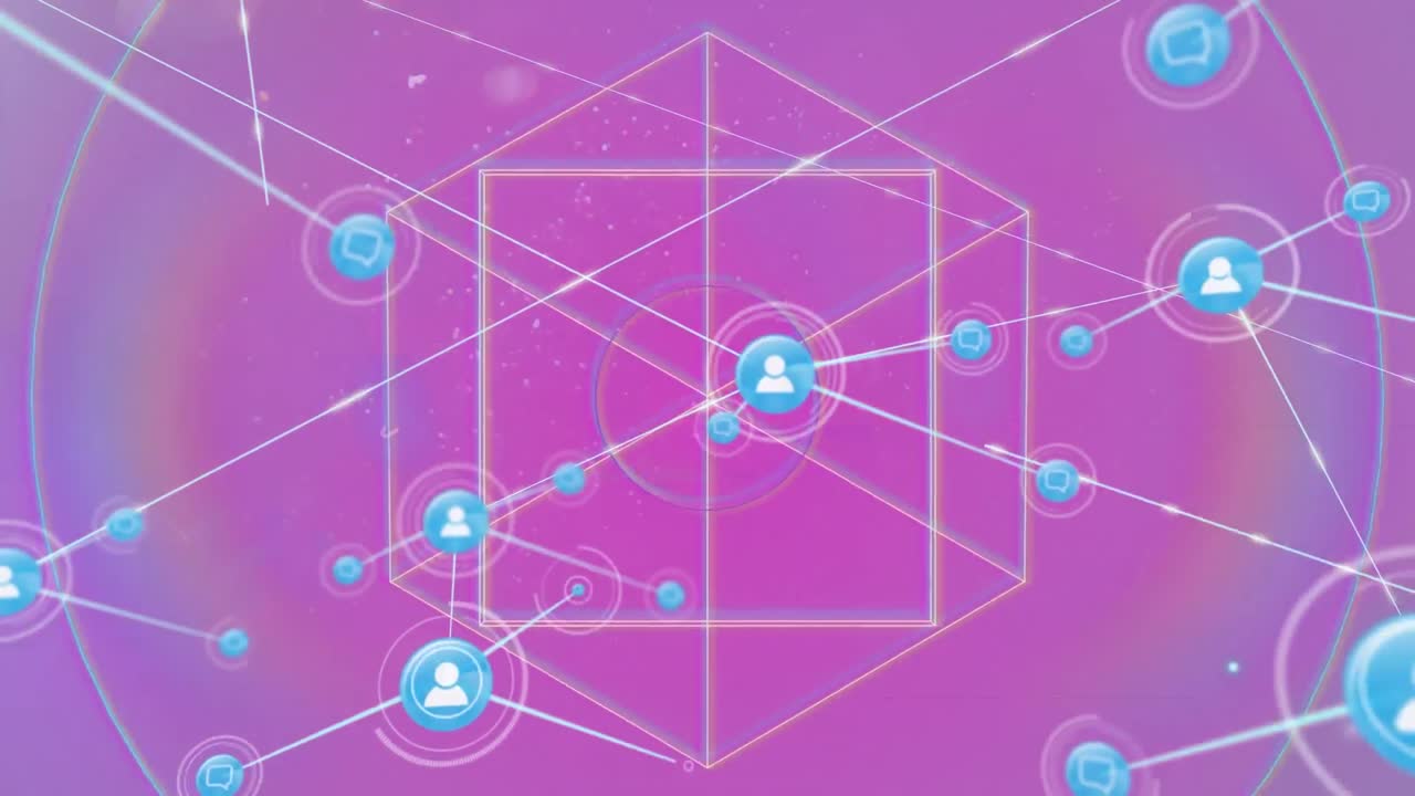 animación de una red de iconos digitales sobre formas geométricas abstractas y puntos de luz coloridos