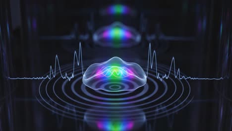 a mesmerizing visual display of sound waves and vibrations captured in two forms, highlighting the beauty of light interacting with water in a fluid dynamics study