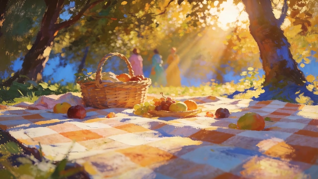Gingham blanket on grass with fruit basket two women in long dresses walking toward sunlit opening