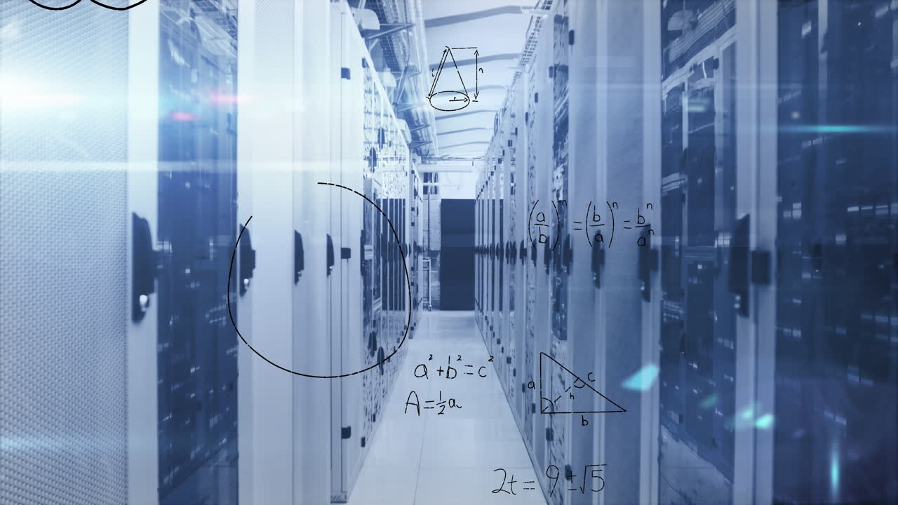 Animation of mathematical equations and diagrams over bars on server racks in server room