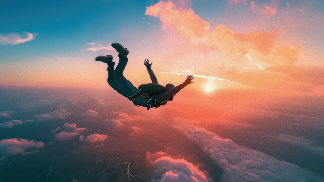 Aerial video shot of a skydiver free-falling at sunset, arms outstretched, surrounded by vibrant