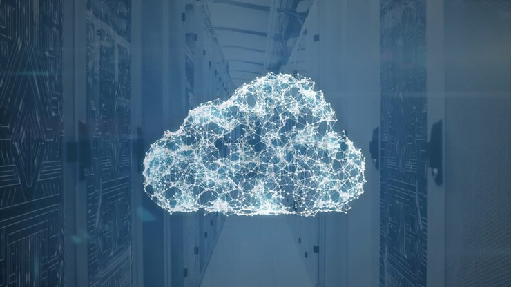 Animation of shapes and digital cloud over server room