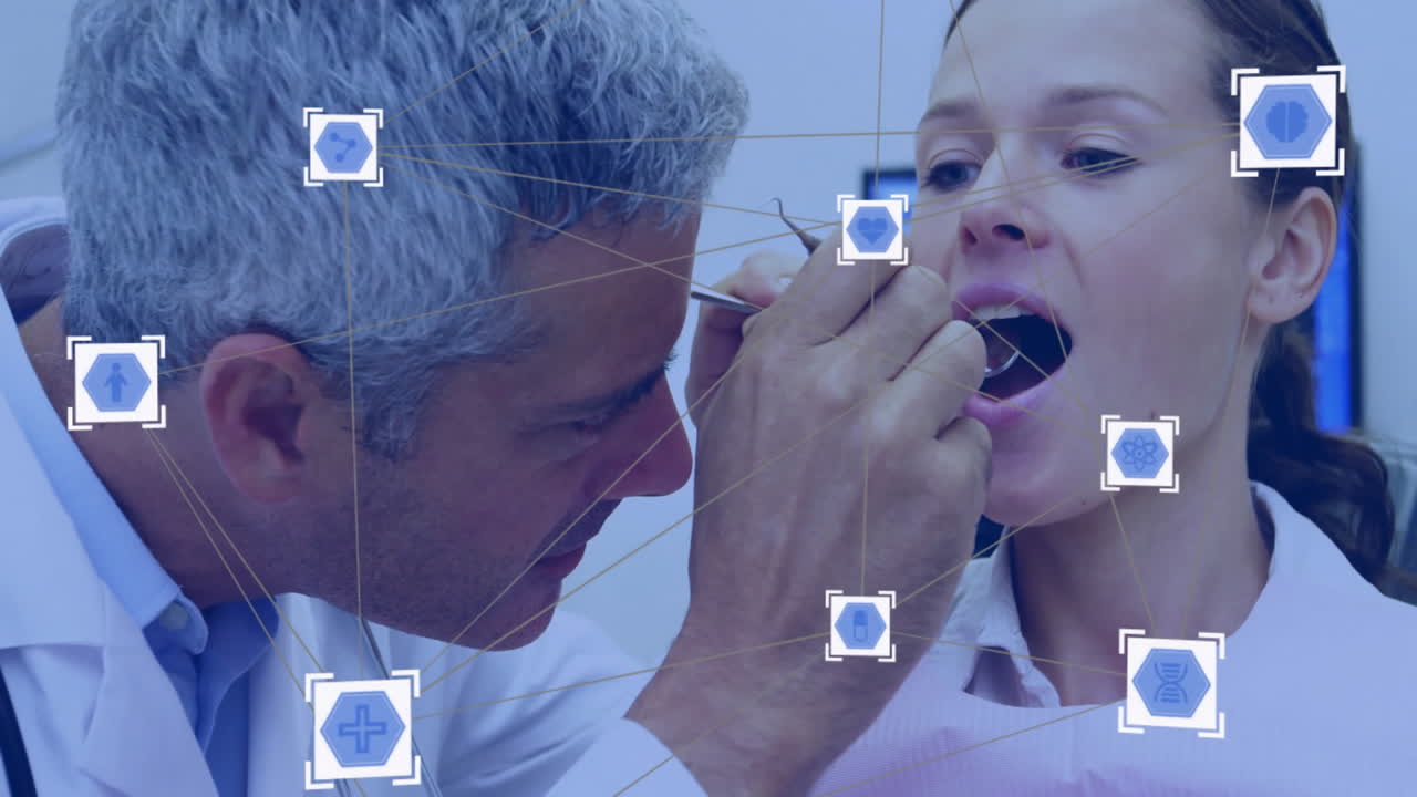 Animation of network of connections with icons over diverse dentist and patient in dental office