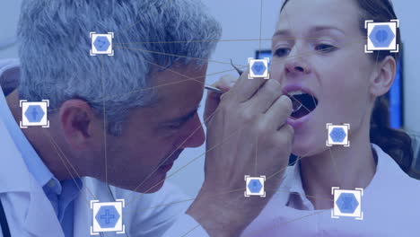 animation of network of connections with icons over diverse dentist and patient in dental office