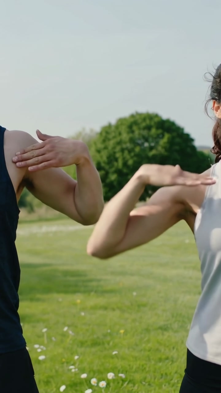 Vertical video: Two exercisers warming up arms in grassy field, following mutual cue for fitness