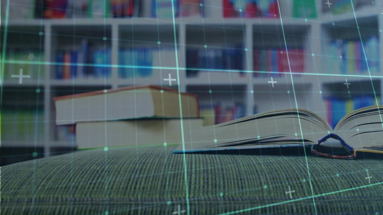 Grid overlay drifting over ottoman as right-hand book rising and opening pages to reveal contents