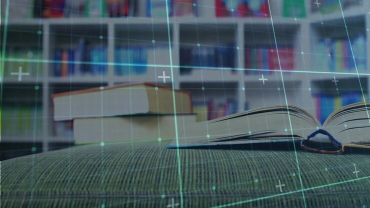 Grid overlay drifting over ottoman as right-hand book rising and opening pages to reveal contents