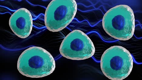 Animation-Von-Mikrozellen-Aus-Blauen-Und-Türkisfarbenen-Zellen-Auf-Blauem-Hintergrund