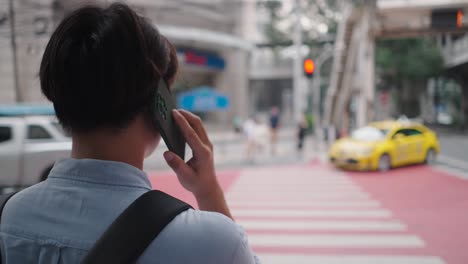 person on phone at crosswalk
