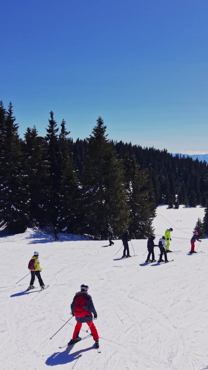 Skiers and snowboarders enjoying winter sports in the Carpathians, Bulgaria