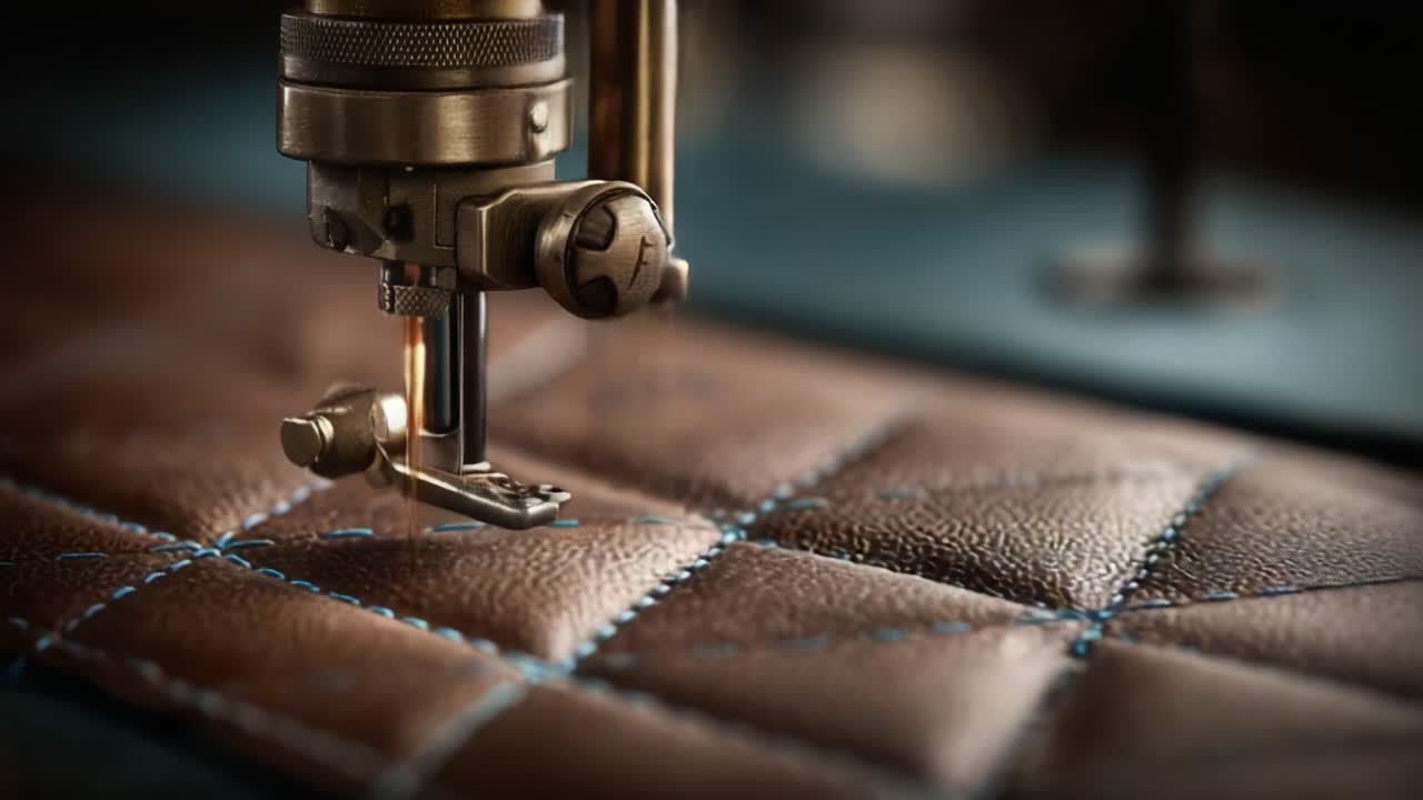 A Close-up View of a Precision Sewing Machine Crafting Intricate Stitches on Luxurious Leather Fabric, Showcasing the Art of Textile Work and Fine Detailing