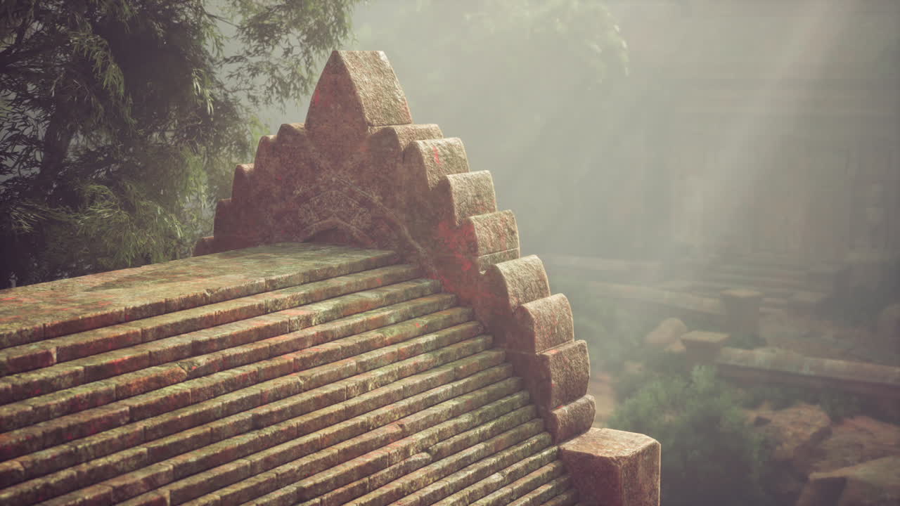 안개 속 의 고대 돌 성전 폐허 의 클로즈업
