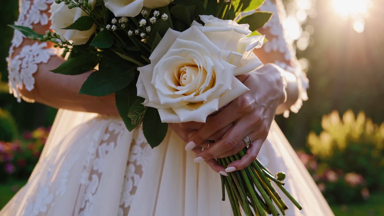 Close-up of Bride's Hands Holding a White Rose Wedding Bouquet
