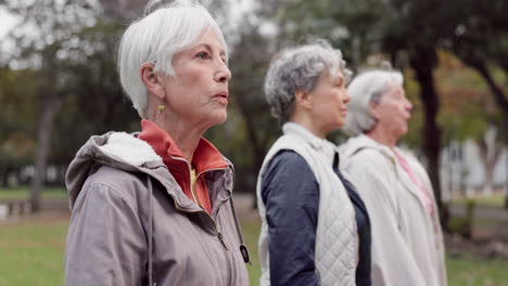 breathing, park and elderly women with peace