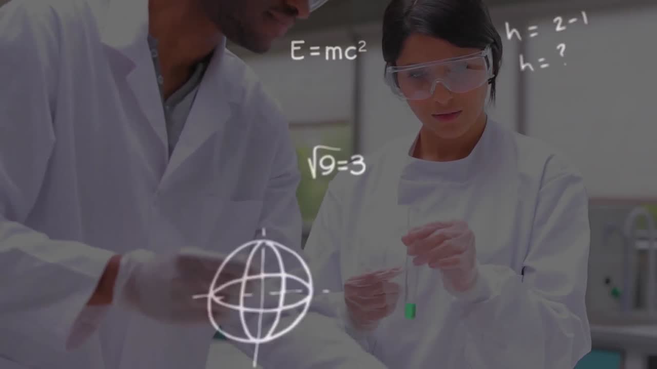 ecuaciones matemáticas y símbolos contra los trabajadores de la salud masculinos y femeninos que trabajan en el laboratorio