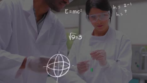 Mathematical equations and symbols against male and female health workers working at laboratory