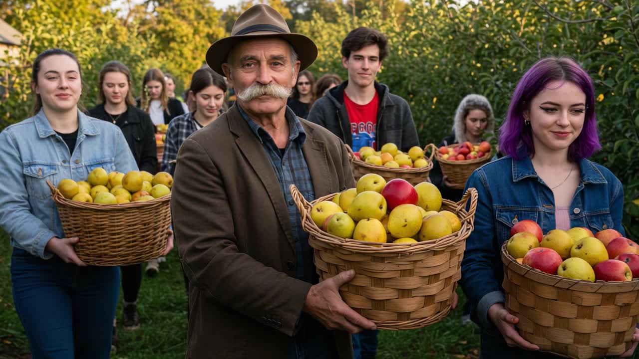 Group of people harvesting apples in an orchard