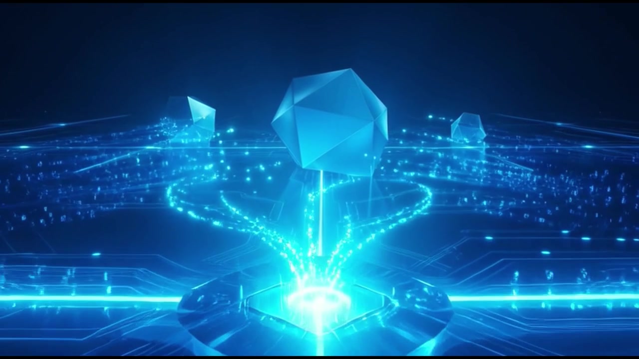 Abstract Digital Data Processing with Glowing Geometric Shapes and Circuitry