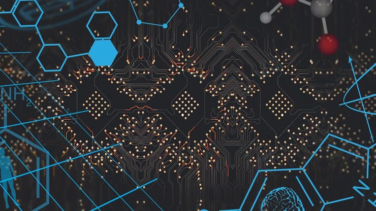 Animation of chemical formula over computer circuit board on black background