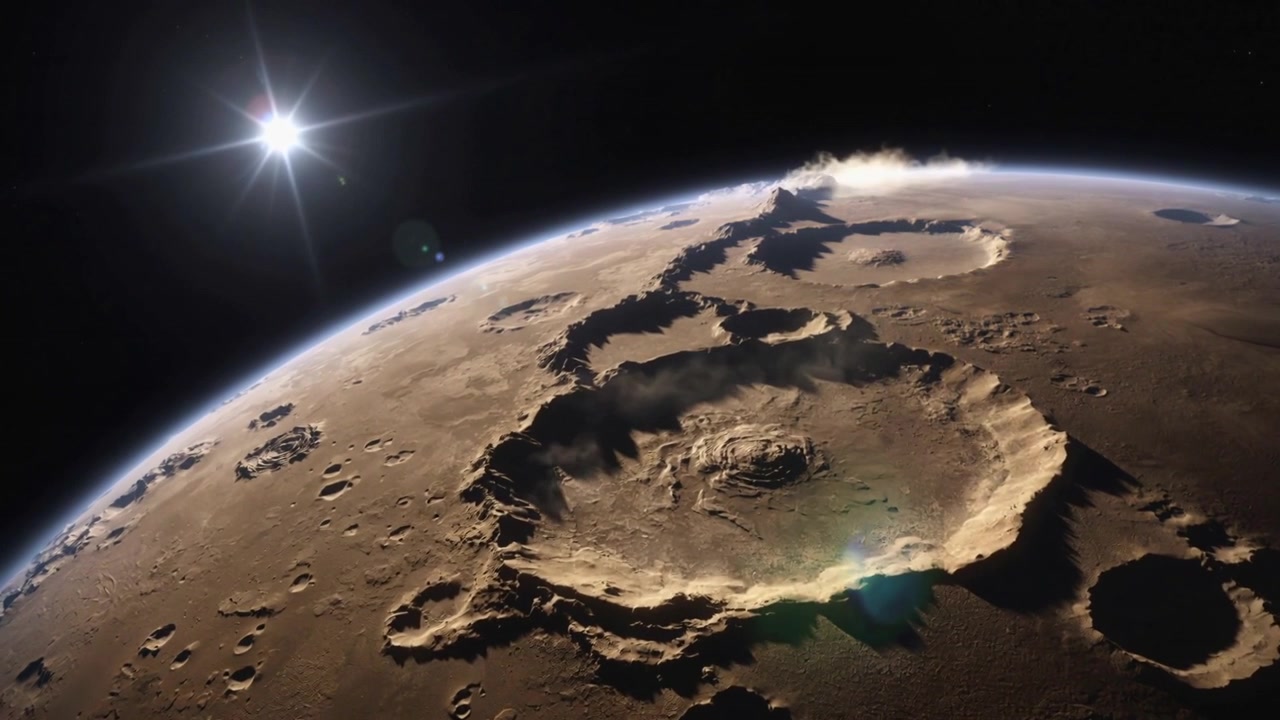 Cámara orbital capturando una cuenca de impacto sobre la superficie rocosa de un planeta, revelando un pico central y un borde.