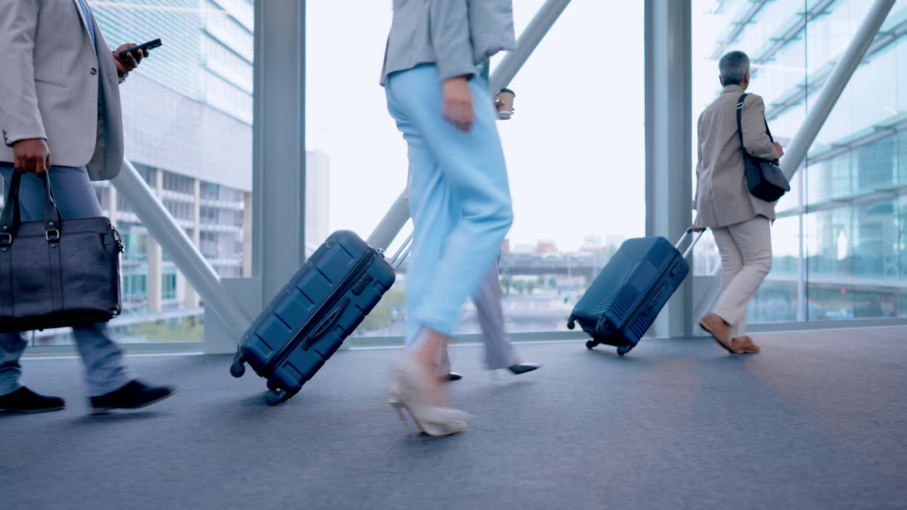 Equipaje de aeropuerto, caminando y gente de negocios